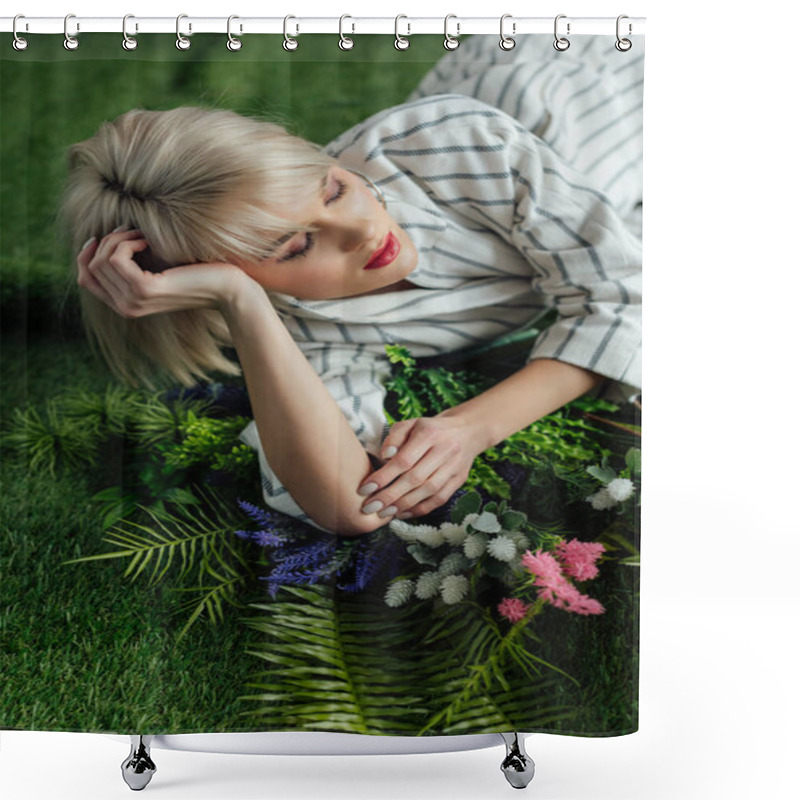 Personality  Beautiful Stylish Blonde Girl With Eyes Closed Lying On Artificial Grass With Fern And Flowers Shower Curtains