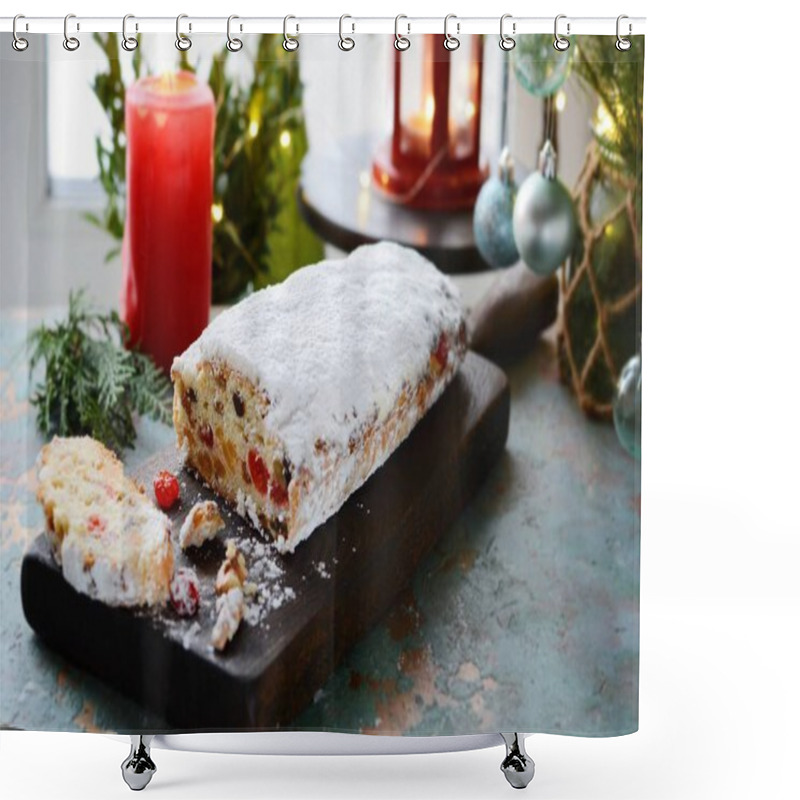 Personality  Dresden Christmas Stollen With Raisins, Dried Apricots, Dried Cherries, Nuts And Candied Fruits In Sugar Glaze On A Festive Background. Delicious Festive Christmas Dessert. Shower Curtains