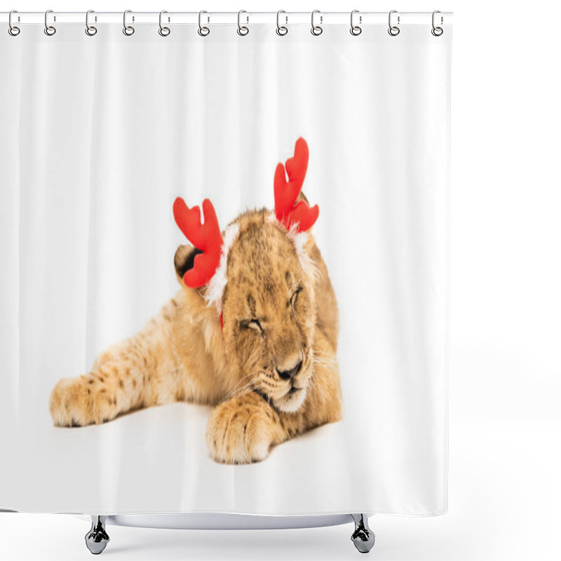 Personality  Cute Lion Cub With Closed Eyes In Red Deer Horns Headband Isolated On White Shower Curtains