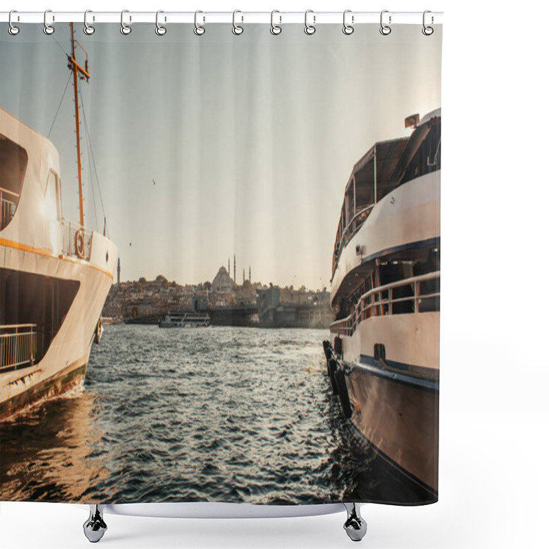 Personality  Moored Ships And View Of City From Bosphorus Strait, Istanbul, Turkey Shower Curtains