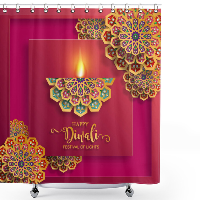 Personality  Happy Diwali Festival Card With Gold Diya Patterned And Crystals On Paper Color Background. Shower Curtains