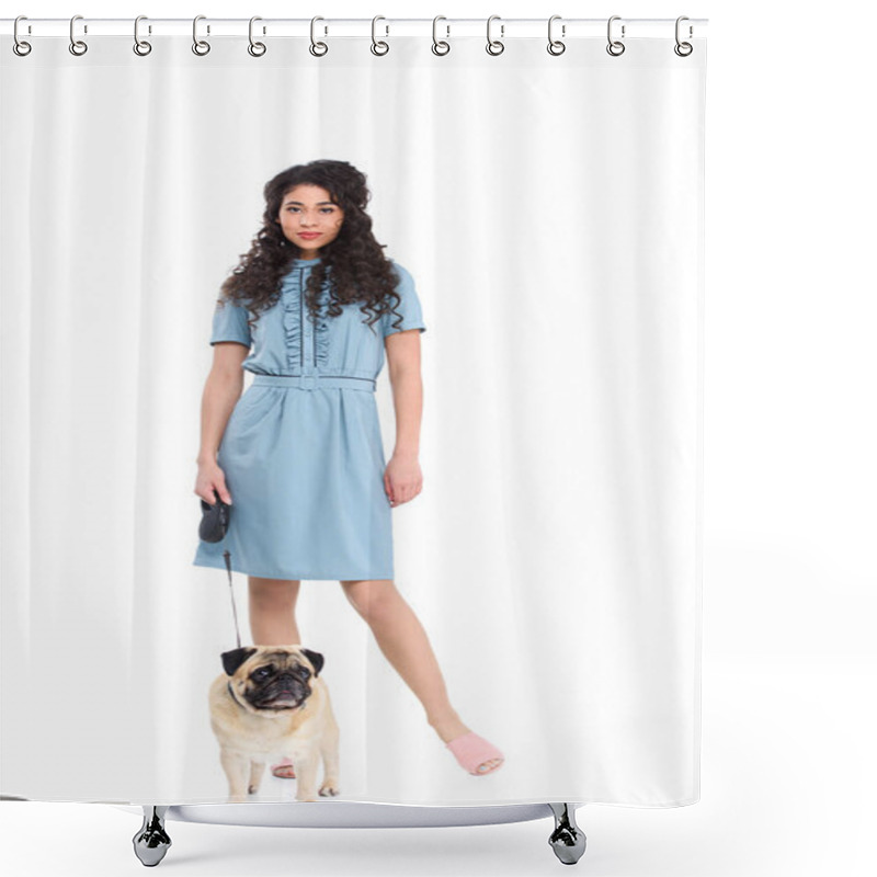 Personality  Stylish Young Woman With Leashed Pug Isolated On White Shower Curtains