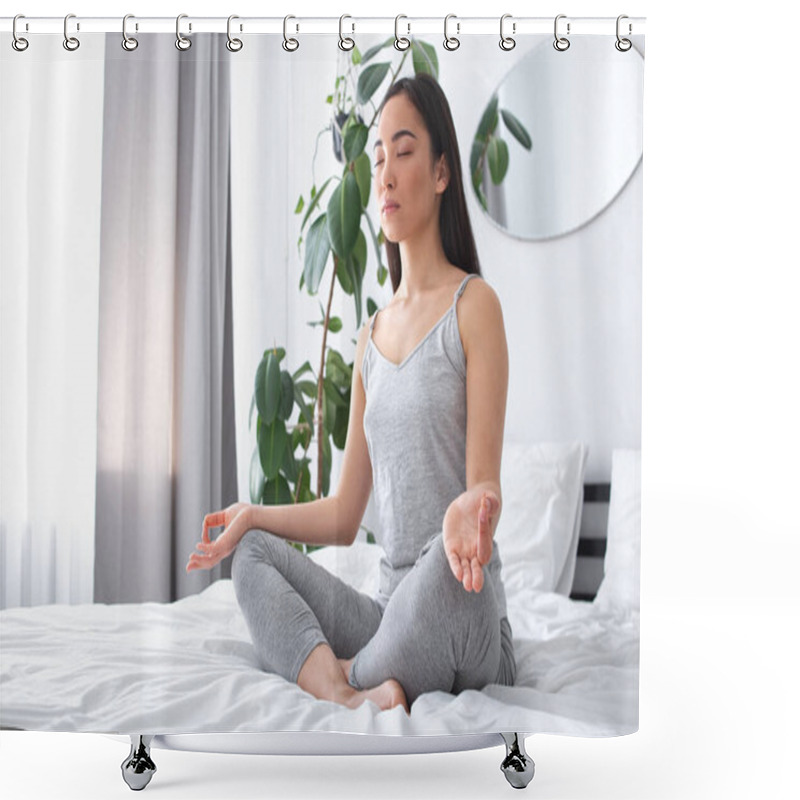 Personality  Calm Young Woman Doing Mental Practice On Bed Shower Curtains