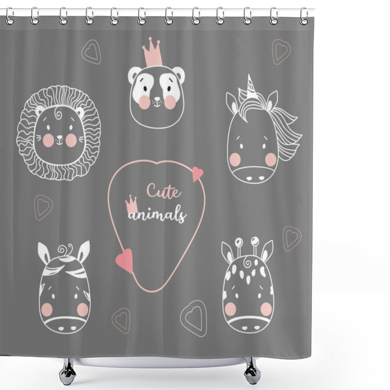 Personality  Cute Animals. Cute Simple Portraits Of Tropical Animals - Unicorn, Lion And Panda Wearing A Crown, Zebra And Giraffe. Outline Drawing. Childrens Collection, For Design, Printing And Decoration. Vector Shower Curtains