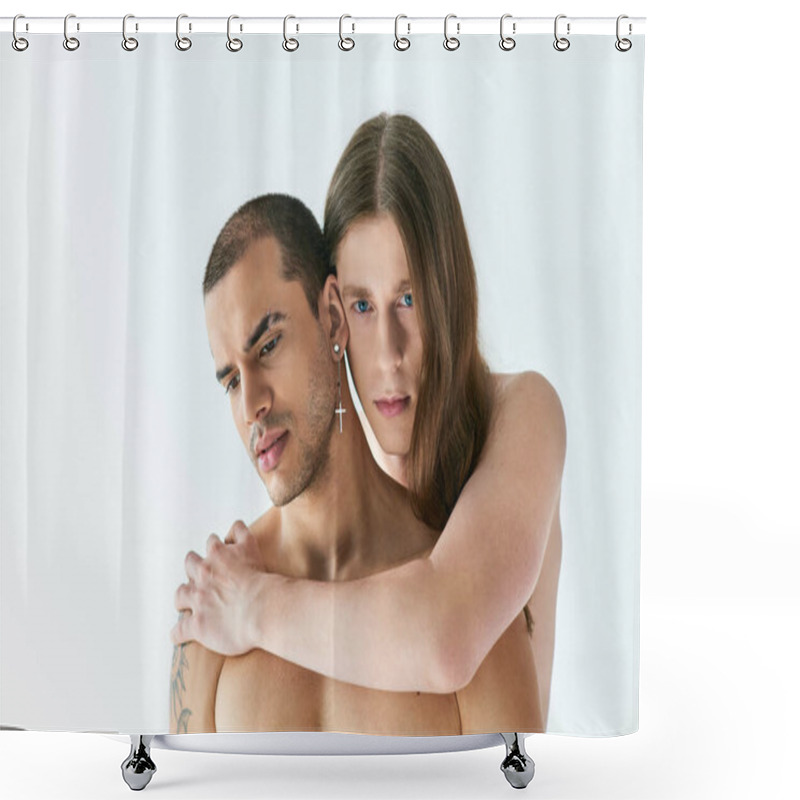 Personality  Two Men Share A Heartfelt Hug With Smiles On Their Faces. Shower Curtains