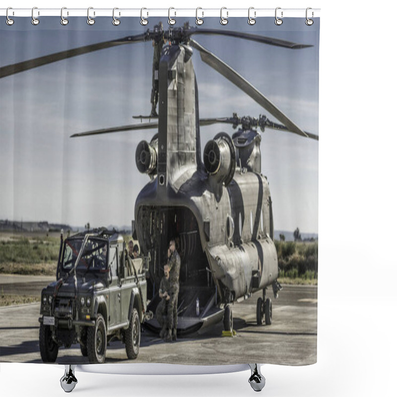 Personality  BARECELONA, SPAIN - Aug 05, 2018: Barcelona, Spain; August 5, 2018: Big Double Rotor Helicopter Of The Spanish Army. Boeing CH-47D Chinook Shower Curtains