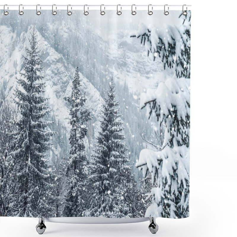 Personality  Frosty Winter Landscape In Snowy Forest. Christmas Background With Fir Trees And Blurred Background Of Winter. Happy New Year Card Shower Curtains