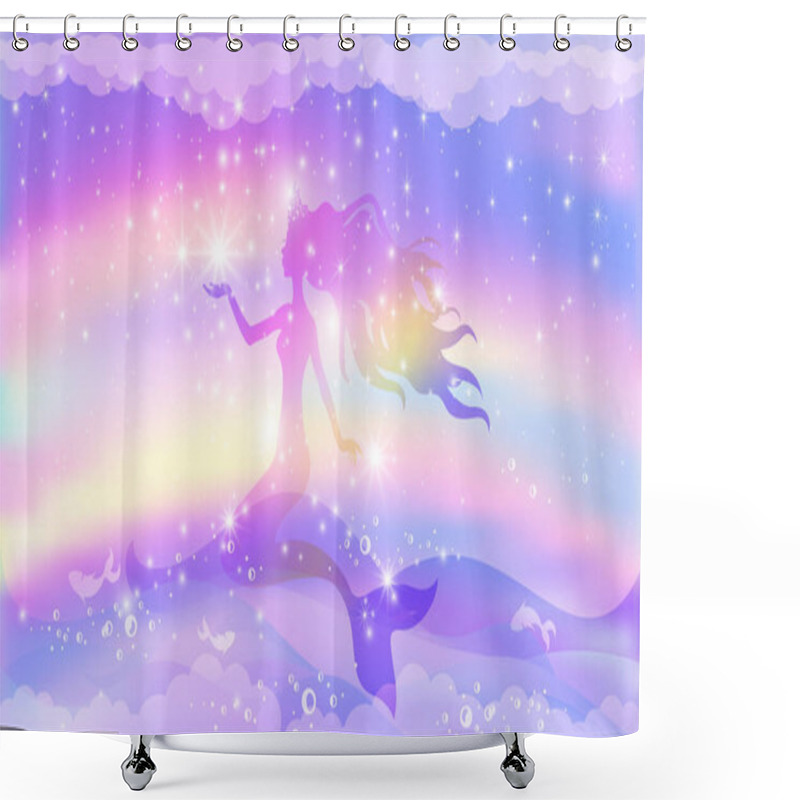 Personality  Silhouette Of A Princess Mermaid Swimming In The Sea Against The Background Of A Rainbow Sky With Stars. Shower Curtains