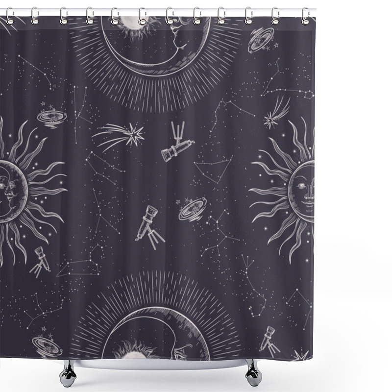 Personality  Seamless Pattern. Signs Of The Zodiac, Sun And Moon. Engraving Style. Astrology. Shower Curtains