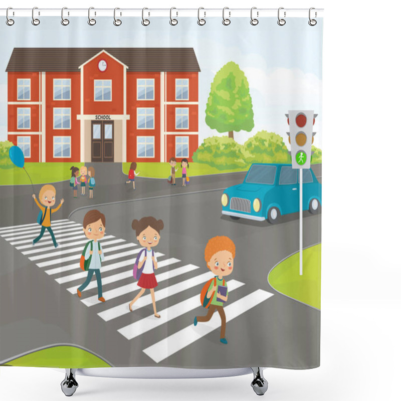 Personality  School Children Cross Road On Pedestrian Crossing, Near School B Shower Curtains