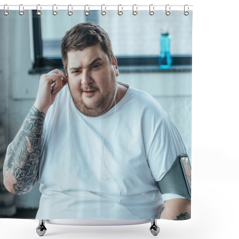 Personality  Overweight Man In Smartphone Armband Looking At Camera While Putting On Earphones At Gym Shower Curtains