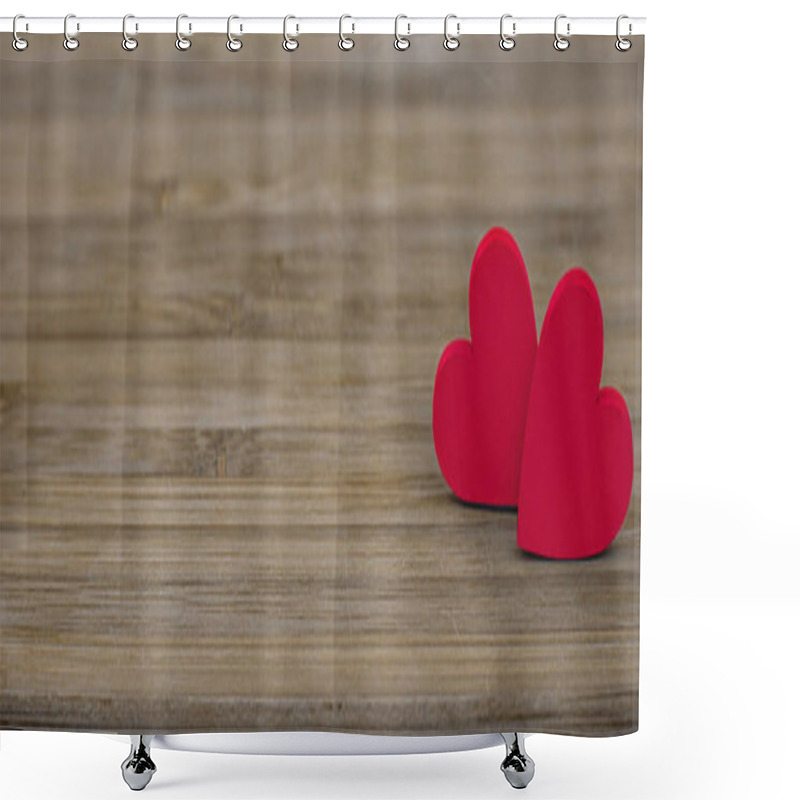 Personality  Two Wooden Red Hearts On Wooden Background.  Shower Curtains