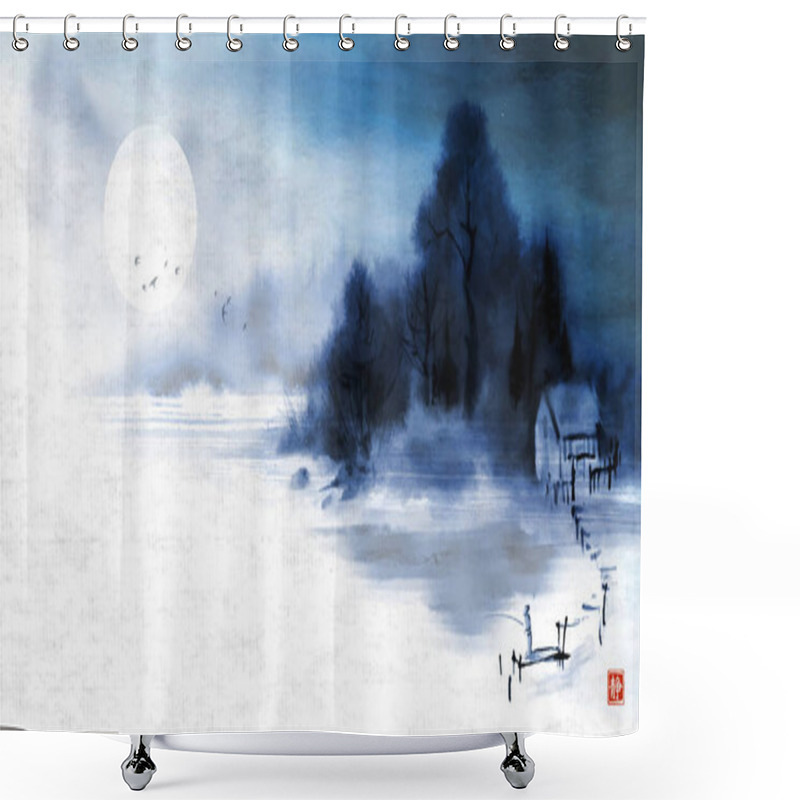 Personality  Landscape With Blue Misty Riverside And Fisherman On The Wooden Pierce. Traditional Oriental Ink Painting Sumi-e, U-sin, Go-hua On Rice Paper Background. Translation Of Hieroglyph - Silence. Shower Curtains