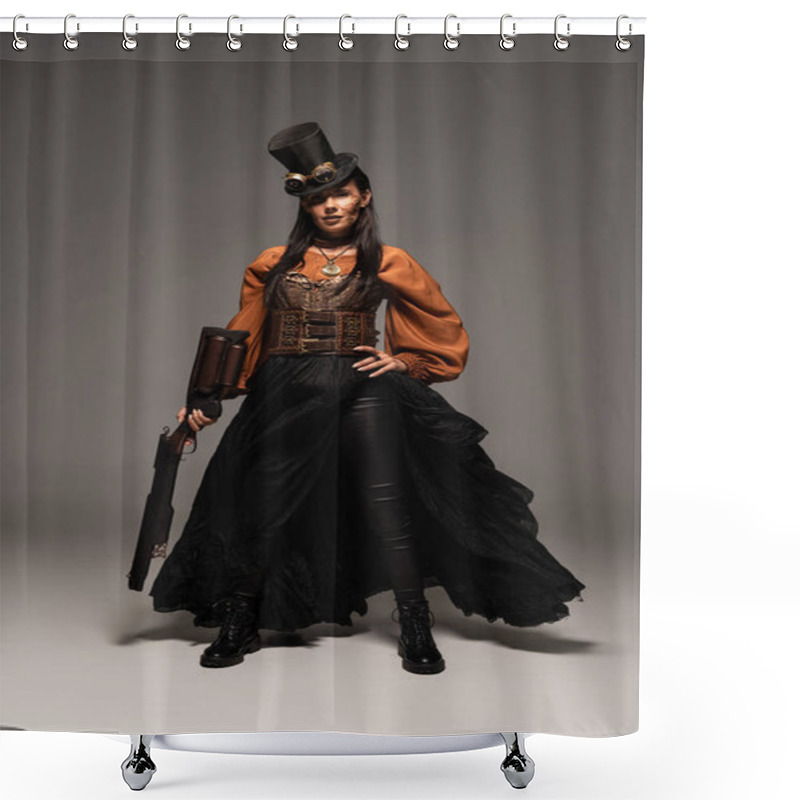 Personality  Full Length View Of Attractive Steampunk Woman Holding Guy On Grey Shower Curtains