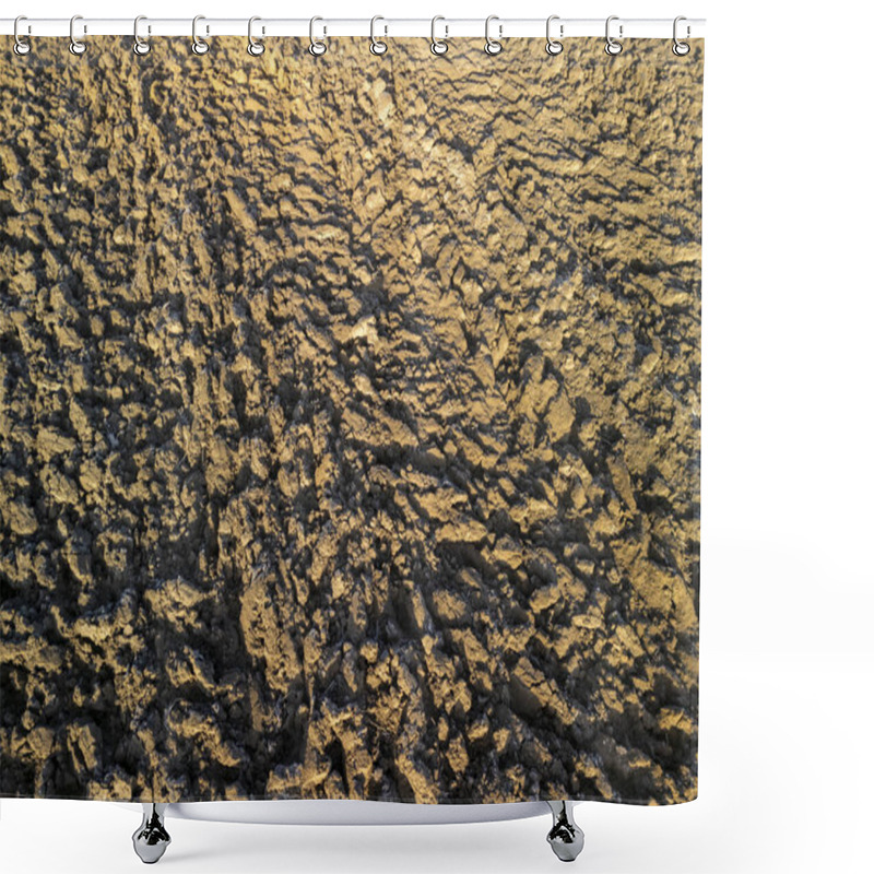 Personality  Close-up Of Textured Ground Showing Patterns Of Dried Earth And Tire Tracks. Ideal For Nature And Farming Themes. Shower Curtains