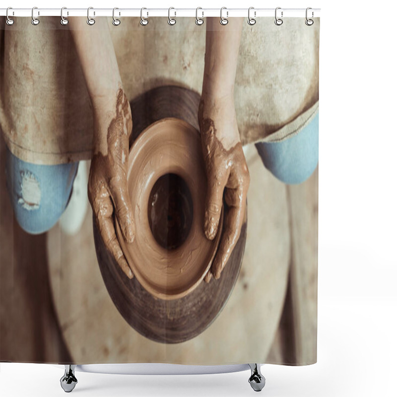 Personality  Close Up Of Child Hands Working On Pottery Wheel At Workshop Shower Curtains