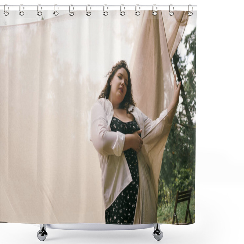 Personality  A Confident Woman In A Flowing Garment Stands Amidst A Breezy Field, Radiating Natural Elegance. Shower Curtains