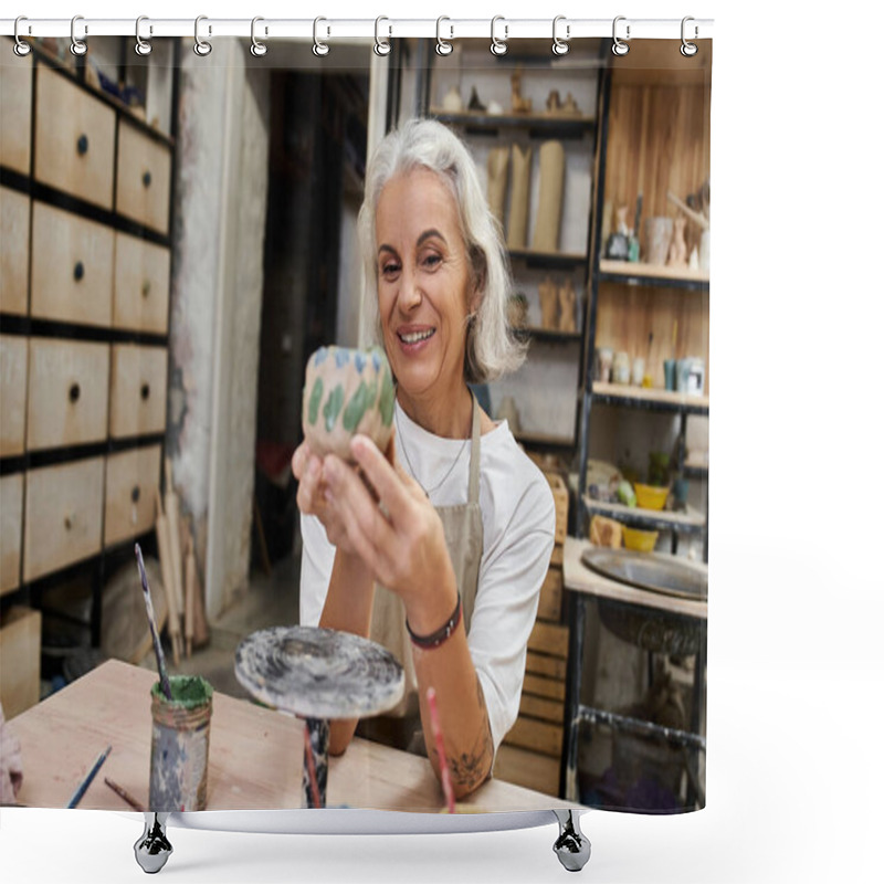 Personality  A Skilled Artisan Proudly Displays Her Handmade Pottery While Surrounded By Creative Tools. Shower Curtains