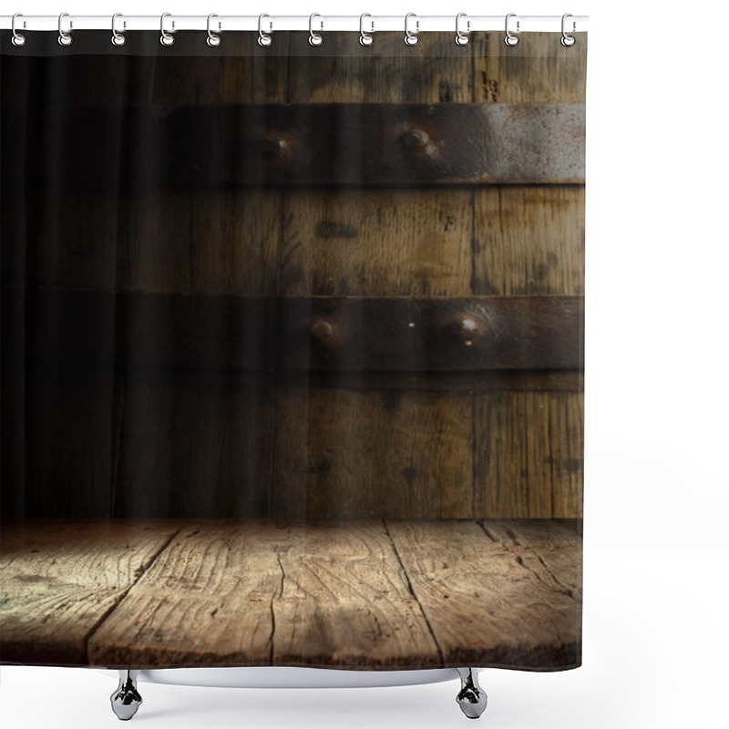 Personality  Old Wood Table Top With Smoke In The Dark Background. Shower Curtains