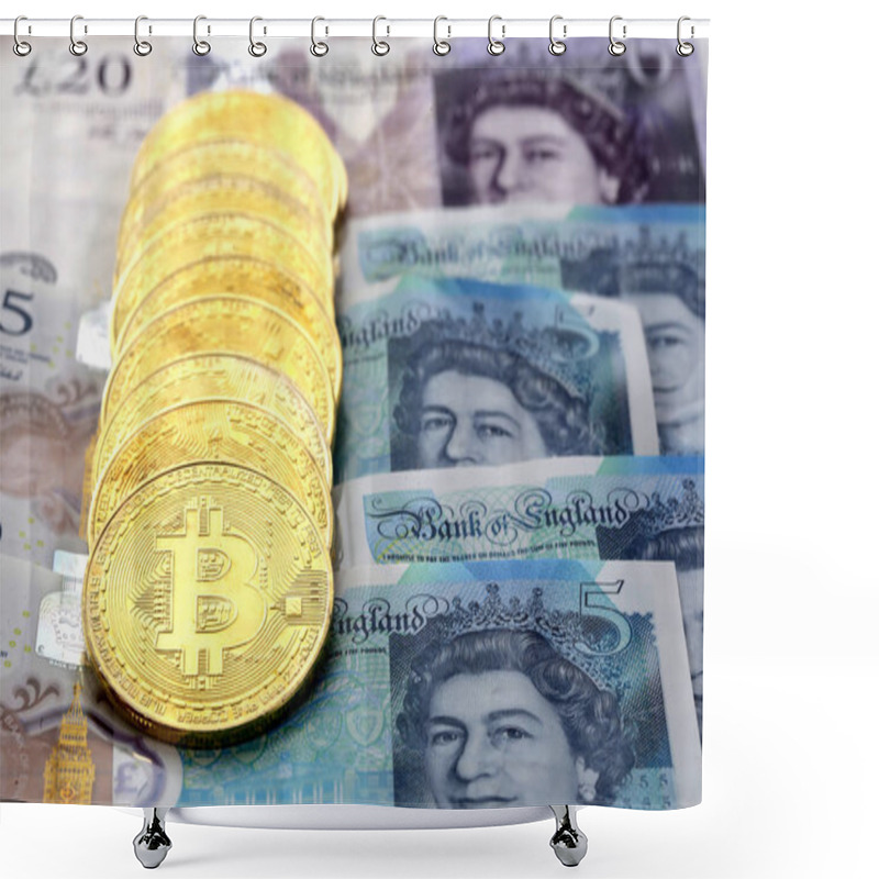 Personality  Virtual Cryptocurrency Money Bitcoin Golden Coins On United Kingdom Pound Sterling Banknotes With Faces Of Queen Elizabeth II. Shower Curtains