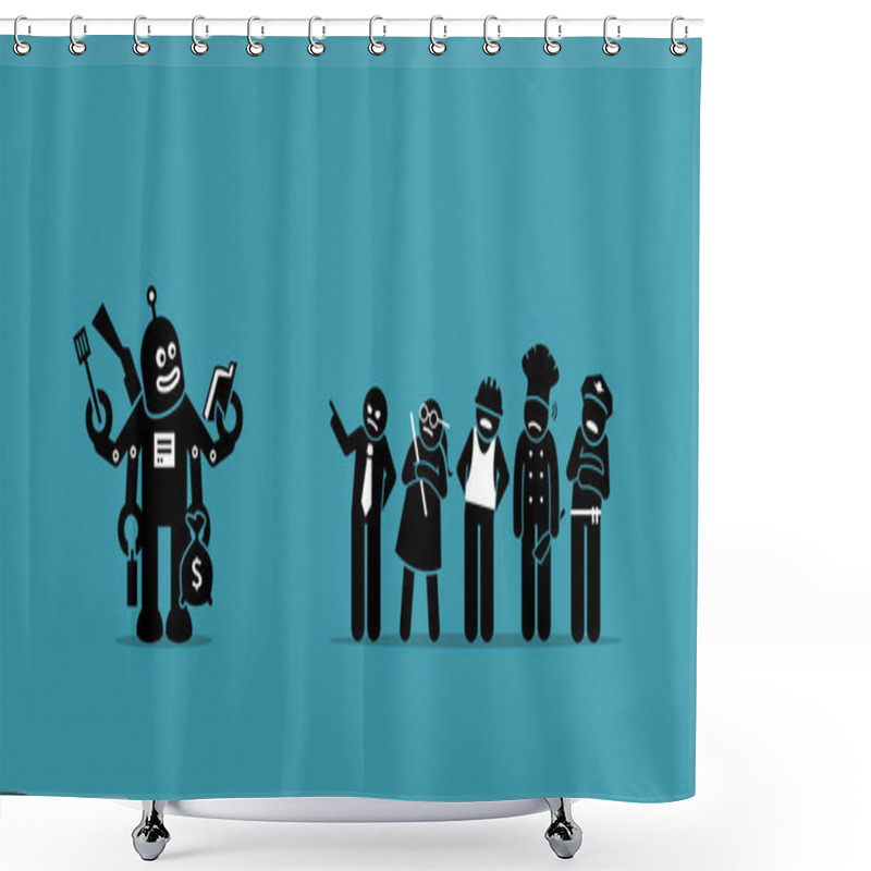 Personality  Robot Taking Over Human Jobs In The Future. Vector Artwork Depicts A Robot Working On Everything And People Are Worry About Their Occupations Being Replaced And Taken Over. This Is AI Automation.  Shower Curtains