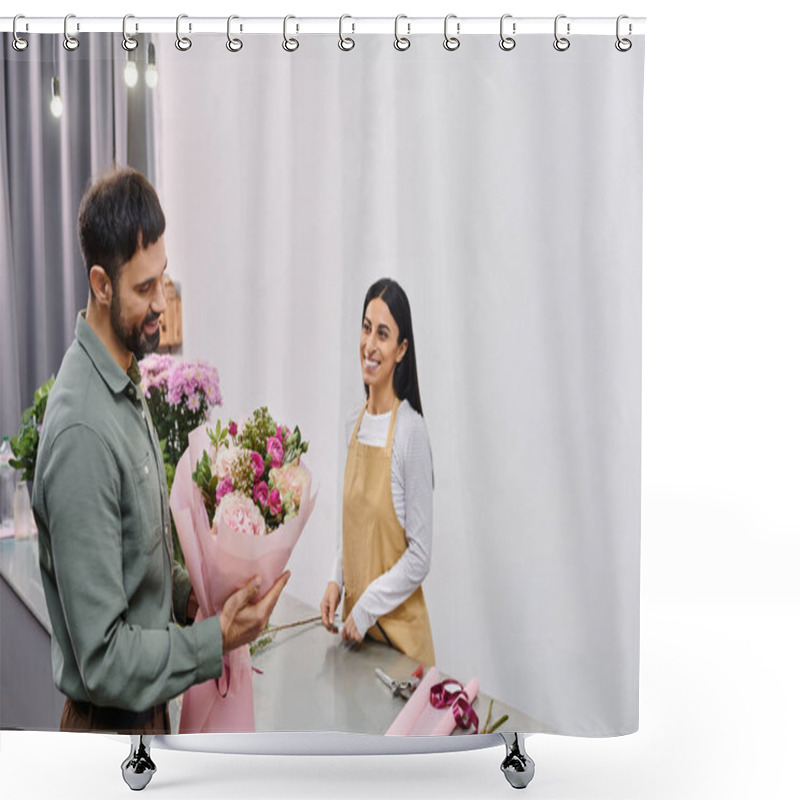 Personality  A Talented Florist Engages With A Male Client While Showcasing A Stunning Bouquet Of Flowers. Shower Curtains