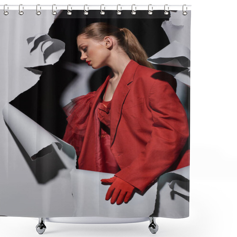 Personality  Side View Of Trendy Young Woman In Red Attire With Bold Makeup Standing Near Torn Grey Background Shower Curtains