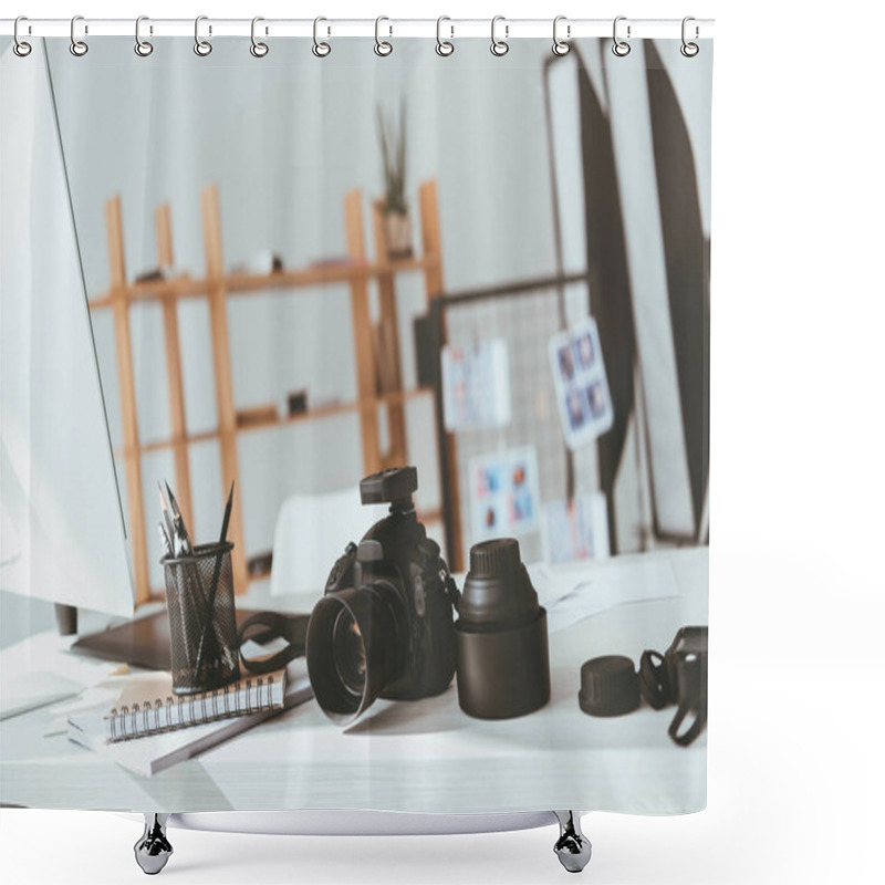 Personality  Workspace With Photo Camera Shower Curtains