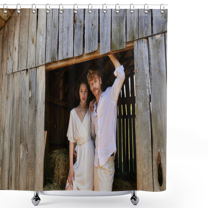 Personality  Newlyweds In Countryside, Pretty Asian Bride In White Dress Standing With Groom In Wooden Barn Shower Curtains