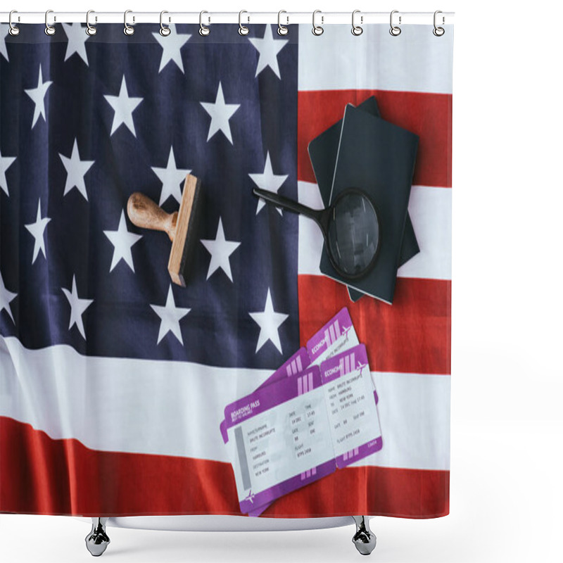 Personality  Top View Of Passports And Magnifier Near Tickets And American Flag  Shower Curtains