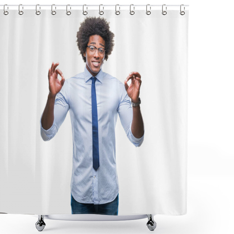 Personality  Afro American Business Man Wearing Glasses Over Isolated Background Relax And Smiling With Eyes Closed Doing Meditation Gesture With Fingers. Yoga Concept. Shower Curtains