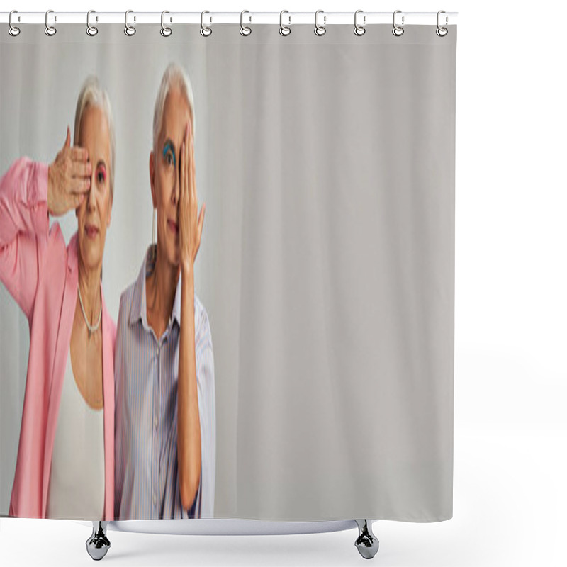 Personality  Stylish Mature Women In Blue And Pink Attire Obscuring Faces With Hands On Grey, Banner Shower Curtains