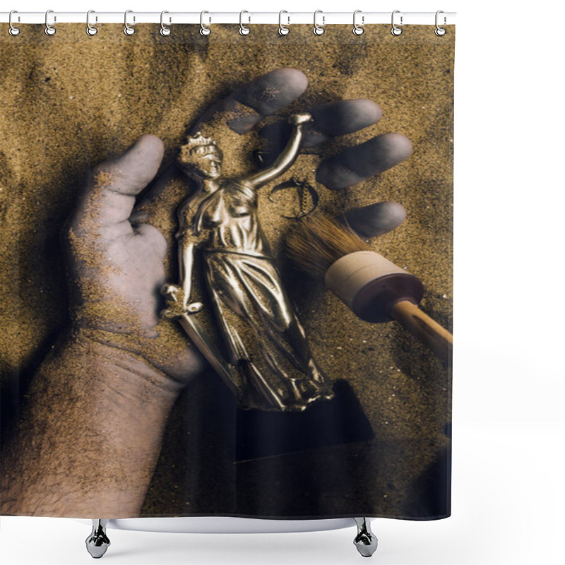 Personality  Forensic Expert Discovering Dead Body Buried In Desert Sand With Justice Statue In Hand. Conceptual Image For Police Investigation Of An Cold Case Murder Crime Scene. Shower Curtains