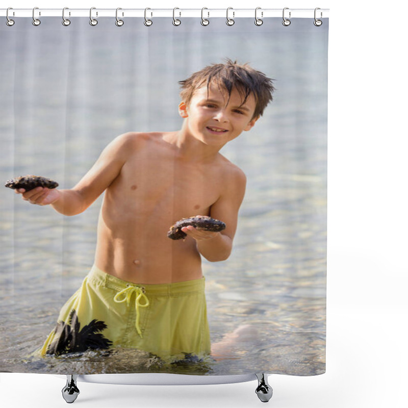 Personality  Preteen Child, Hodling Mediterranean Sea Cucumber On The Beach Shower Curtains