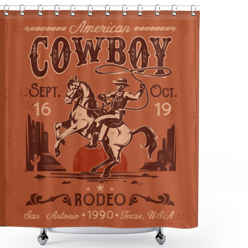 Personality  Rodeo Poster With A Cowboy Sitting On  Rearing Horse In Retro Style Shower Curtains