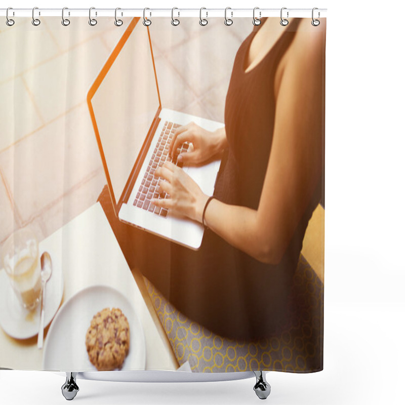 Personality  Female Freelancer Keyboard Text Message On Laptop Computer While Work In Coffe Shop Shower Curtains