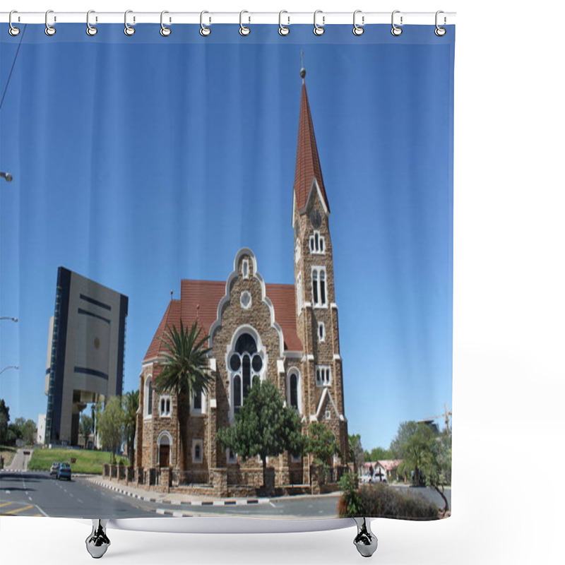 Personality  Windhoek, Namibia - March 10, 2018: Christ Church Or Christuskirche With Independence Memorial Museum In Background. Shower Curtains