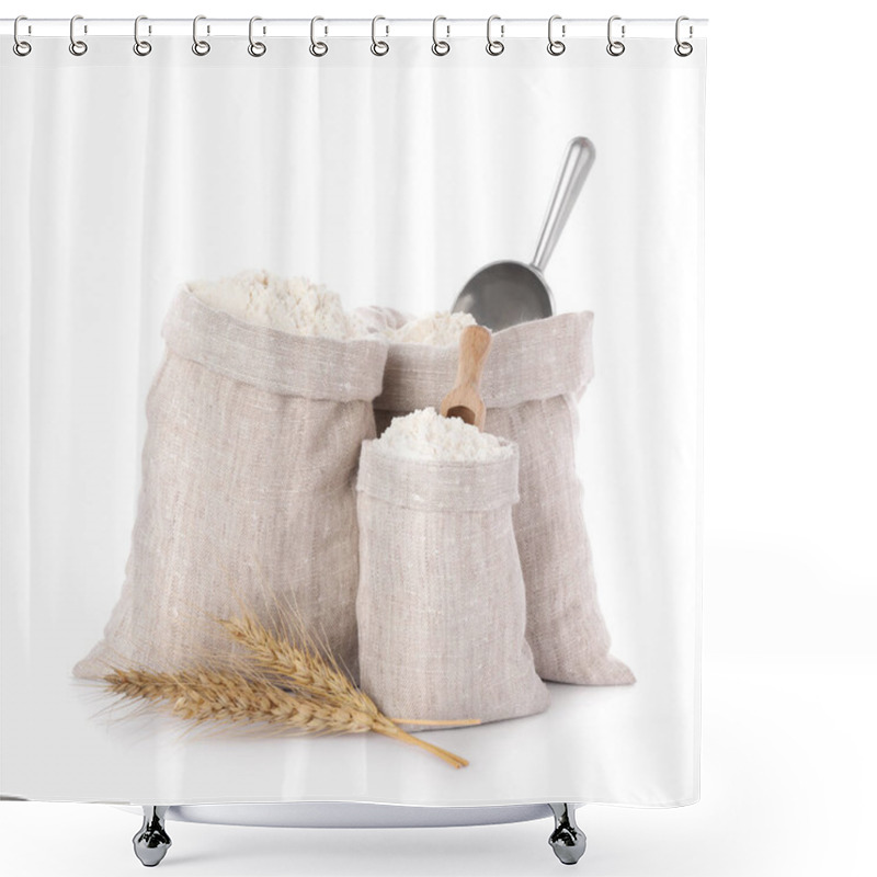 Personality  Sacks With Flour And Wheat Spikes On White Background Shower Curtains