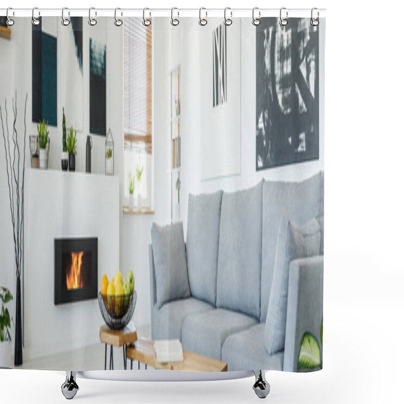 Personality  Abstract Paintings On A White Wall Of A Modern Living Room Interior With A Large, Comfortable, Gray Sofa And A Stylish, Bio Fireplace Shower Curtains