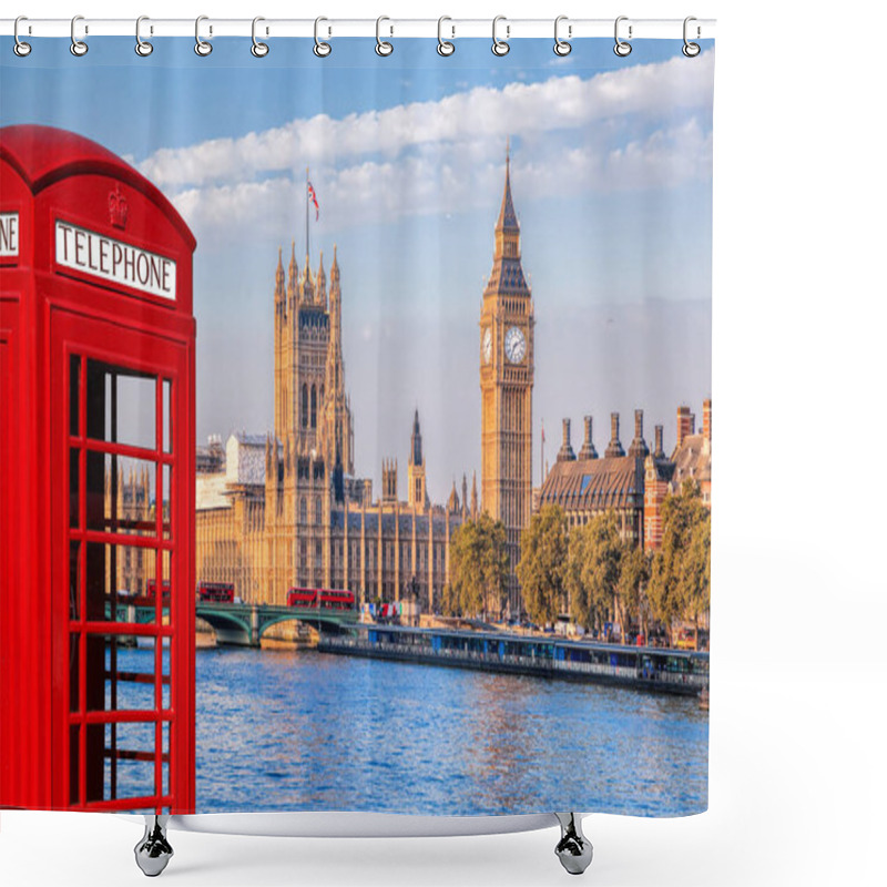 Personality  London Symbols With BIG BEN, DOUBLE DECKER BUSES And Red Phone Booth In England, UK Shower Curtains