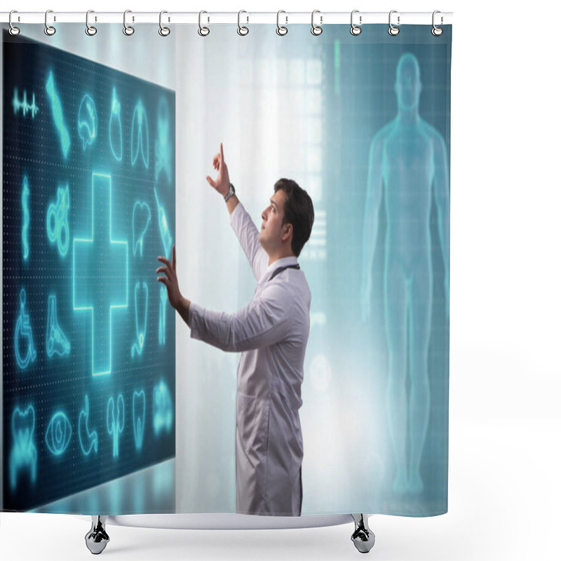 Personality  Doctor In Telemedicine Concept Looking At Screen Shower Curtains