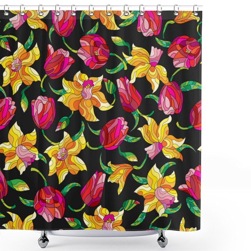 Personality  Seamless Background With Spring Flowers In Stained Glass Style, Flowers, Buds And Leaves Of Daffodils And Tulips On A Dark Background Shower Curtains