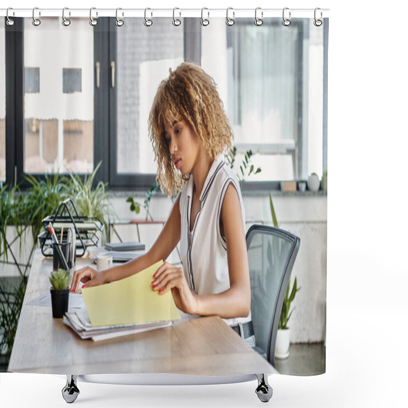 Personality  Focused African American Businesswoman With Curly Hair Reviewing Files At Her Working Desk Shower Curtains