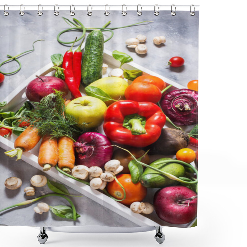 Personality  Raw Organic Vegetables With Fresh Ingredients For Healthily Cooking In White Tray On Concrete Background. Shower Curtains