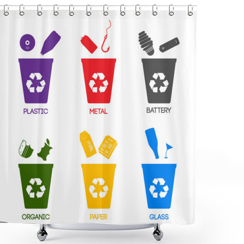 Personality  Trash Categories. Recycle Garbage Bins. Separation Concept. Set Waste: Plastic, Organic, Battery, Glass, Metal, Paper. Environment Protection. Caring For The Environment. Share On Color Shower Curtains