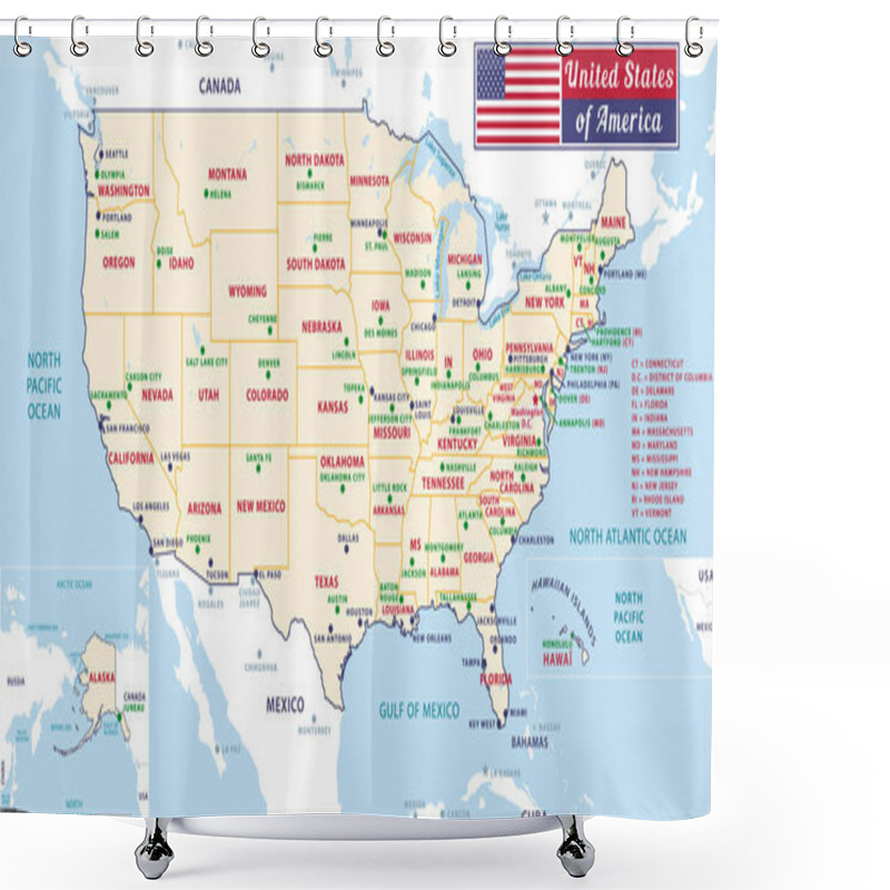 Personality  States Capitals Of The United States Of America. Beautiful Modern Graphic Vector USA Map. Alaska And Hawa. Pastel Tones. Shower Curtains