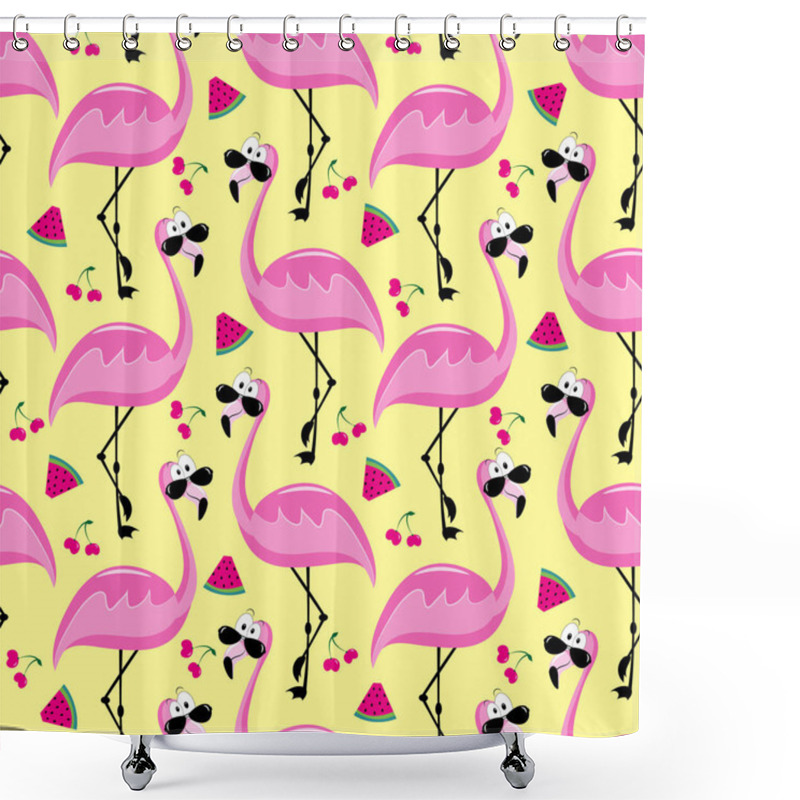 Personality  Flamingo Seamless Pattern And  Fruits. Funny Cartoon Summer Decoration. Shower Curtains