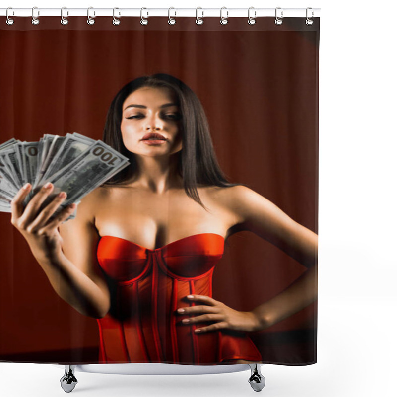 Personality  Sensational Woman In Red Bodysuit Joyfully Throwing Money In A Vibrant Setting To Celebrate Success And Happiness.Success Concept Shower Curtains