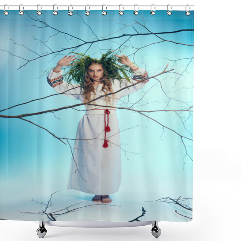 Personality  A Young Mavka, In Ornate Traditional Attire, Stands Gracefully In Front Of A Mystical Tree With Branches. Shower Curtains