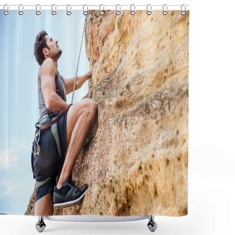 Personality  Young Man Climbing A Steep Wall In Mountain Shower Curtains